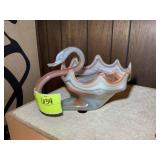 HAND BLOWN GLASS SWAN, ORANGE SWIRL, 12 IN X 7 IN