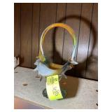 HAND BLOWN GLASS BASKET VASE, ORANGE AND GREEN, 16