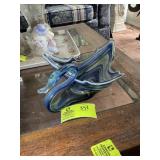 HAND BLOWN GLASS SWAN BOWL, BLUE SWIRL, 13 IN X 5