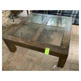 LARGE WOODEN COFFEE TABLE WITH GLASS INSERTS, NEED