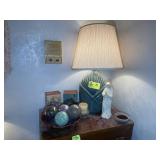 CONTENTS ON TOP OF DRESSER, TABLE LAMP 30 IN TALL,