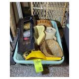 TOTE WITH MISCELLANEOUS ITEMS INCLUDING, WICKER BA