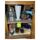 CONTENTS OF CABINET INCLUDING CANISTER, MILK GLASS