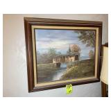 FRAMED OIL ON CANVAS, COVERED BRIDGE, BY ARTIST EM