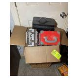 WICKER STYLE LAUNDRY HAMPER AND GROUP OF MAKE UP C