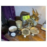 CONTENTS ON TOP OF NIGHT STAND, METAL CANDLE HOLDE