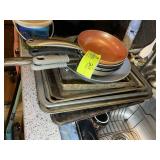 LARGE GROUP OF BAKING SHEETS, AND FRYING PANS