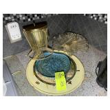 GROUP OF METAL SERVING TRAYS AND GLASS TWO TIERED