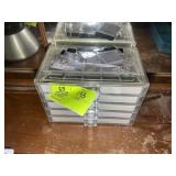 FIVE DRAWER PLASTIC JEWELRY BOX WITH ASSORTED EARR