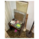 VINTAGE SEWING BENCH WITH CONTENTS, WOOD SPOOL THR