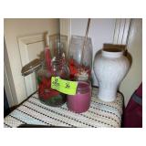 CONTENTS ON TOP OF METAL FILE CABINET, VASES, CAND