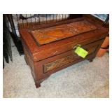 DECORATIVE WOODEN TRUNK, 27 AND 1/2 IN BY 12 IN BY