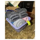 LAUNDRY BASKET WITH MISC BLANKETS/THROWS, ALL APPE