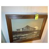 FRAMED OIL ON CANVAS, BARN SCENE, 29 IN BY 25 IN,