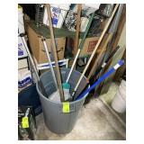 TRASH CAN WITH MISCELLANEOUS YARD TOOLS SHOVEL, RA