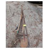 GROUP OF MISCELLANEOUS YARD TOOLS SHOVEL, PICKAXE,