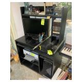 BLACK ROLLING OFFICE DESK WITH HUTCH TOP, 35 AND 1
