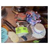 CONTENTS ON TOP OF DRESSER, VINTAGE PIN CUSHIONS,