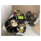 GROUP INCLUDING DECORATIVE WALL MASKS, JESTER DOLL