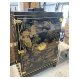 ORIENTAL THEMED BLACK LACQUER STYLE TV CABINET, 35