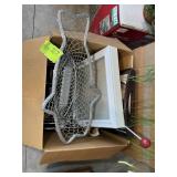 BOX WITH MISC DECORATIVE ITEMS, FISH BASKET, SHADO