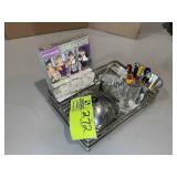 GROUP OF SILVER COLOR BAR RELATED ITEMS, BEV HATS,