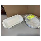 TWO VINTAGE FIREKING BAKING DISHES, ONE WITH LID