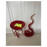 GROUP OF RED BLOWN GLASS DECORATIVE ITEMS, 11.5 AN