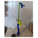 BLUE BLOWN GLASS VASE WITIH FLOWER 25.5 IN TALL AN