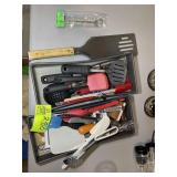 GROUP OF MISC KITCHEN UTENSILS, TONGS, BASTING BRI