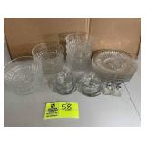 GROUP OF SMALL GLASS BOWLS, PLATES, SALT AND PEPPE