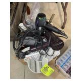 GROUP OF BLOW DRYERS, CURLING IRONS, MEDICINE BOXE