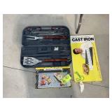 GROUP OF GRILLING RELATED ITEMS, GRILL RACK, CAST