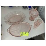 GROUP OF PINK DEPRESSION GLASS ITEMS, COVERED CAND