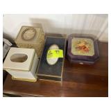 GROUP OF TISSUE BOX COVERS AND MUSICAL JEWLERY BOX