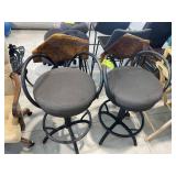 PAIR OF METAL FRAMED BAR STOOLS WITH WOODEN BACKS,