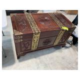 ORNATE WOOD TRUNK WITH BRASS TRIM AND LATCHES, 40