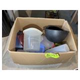 BOX WITH MISC PLASTIC STORAGE CONTAINERS, BOWLS, E