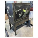 TWO DRAWER, TWO DOOR BLACK LACQUER ORIENTAL THEMED