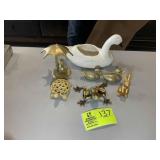 GROUP INCLUDING ANIMAL FIGURINES, BRASS DUCKS, ETC
