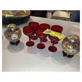 GROUP OF RED GLASS STEMWARE AND SMALL METAL GINGER