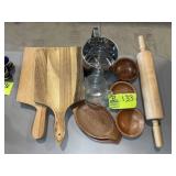 MISC GROUP INCLUDING CUTTING BOARDS, SIFTER, ROLLI