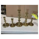 GROUP OF 5 APPEAR TO BE BRASS CANDLE STICK HOLDERS