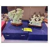 PAIR OF JADE STYLE FIGURINES, HORSES AND TREE WITH