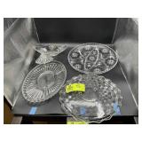 GROUP OF CLEAR GLASS SERVING PLATTERS, CANDY DISH