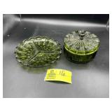GREEN DECORATIVE 3 SECTION PLATE, AND ROUND GREEN