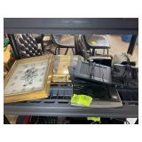 CONTETNS OF SHELF INCLUDING ALARM, WALL AND BATTER