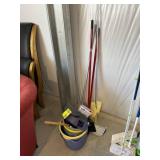 GROUP INCLUDING PLASTIC CLEANING BUCKETS, BROOMS,