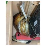 BOX WITH MISC POTS, PANS, ELECTRIC COOK TOP