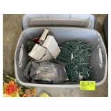 TWO TOTES OF DECORATIVE ITEMS, ARTIFICIAL FLOWERS,